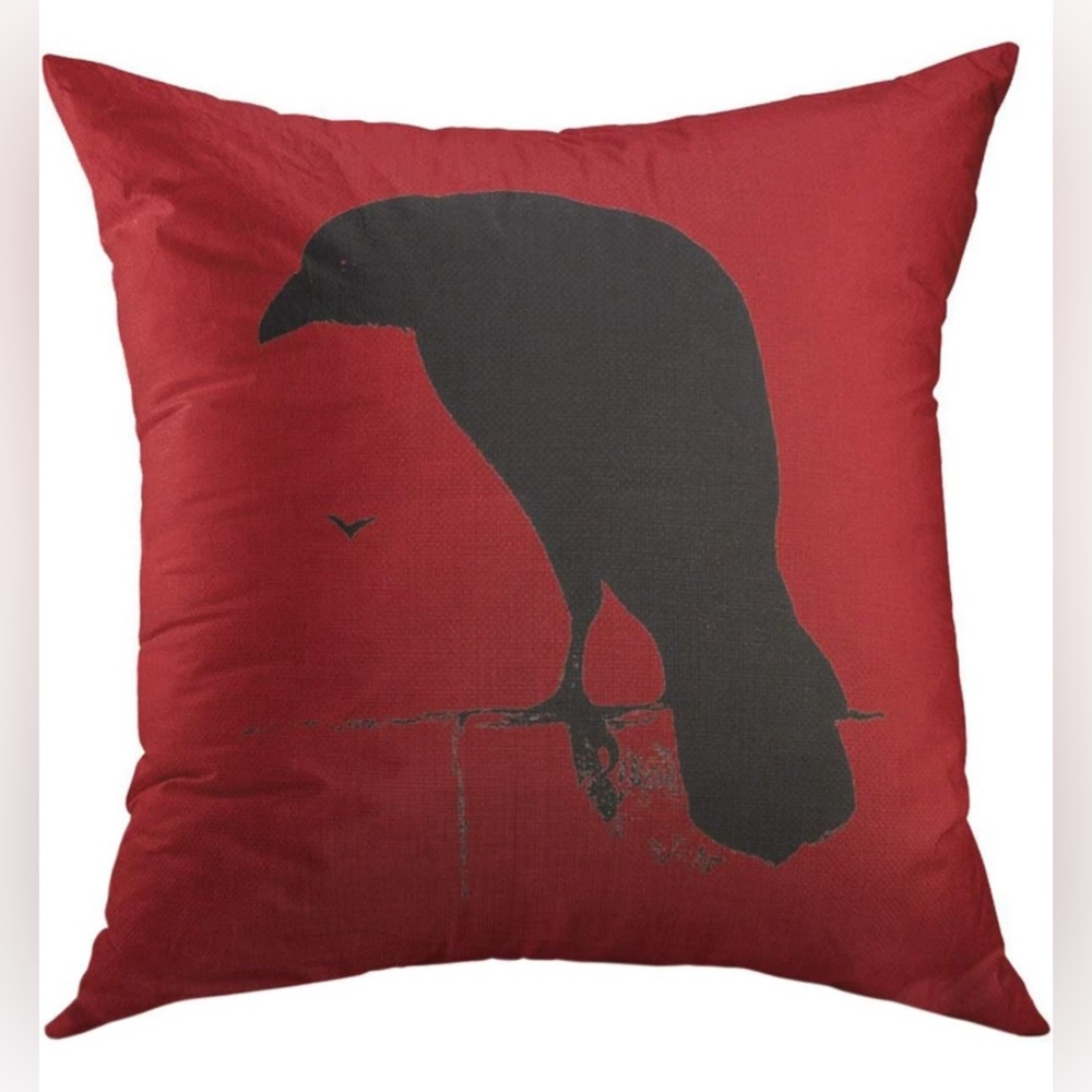 Decorative Throw Pillow Cover Crow Vintage Raven on Blood Red Bird Pillow case